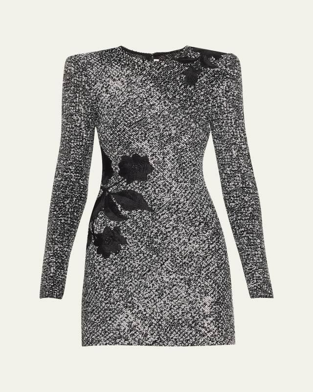 Floral Embroidered Sequined Tweed Mini Cocktail Dress